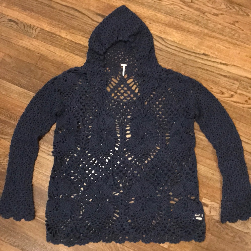 Free People Crochet Hooded Cover Up in Navy